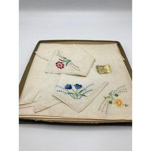 Vintage 60’s linen ladies embroidered ladies hankies. Mid century boxed of 3